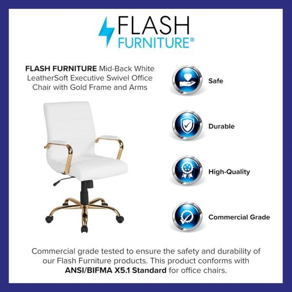Flash Furniture Whitney Mid-Back Swivel LeatherSoft Desk Chair with Padded Seat and Armrests, Adjustable Height Padded Office Chair, White/Gold - Image 4