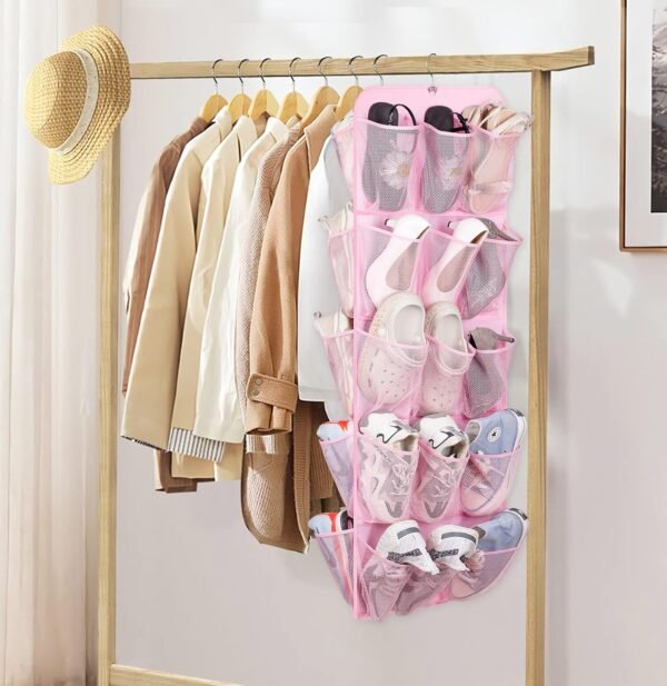 MISSLO 30 Large Pockets Dual Sided Hanging Shoe Organizer for Closet with Rotating Hanger Hanging Shoe Shelves, Pink - Image 5