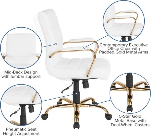 Flash Furniture Whitney Mid-Back Swivel LeatherSoft Desk Chair with Padded Seat and Armrests, Adjustable Height Padded Office Chair, White/Gold - Image 5