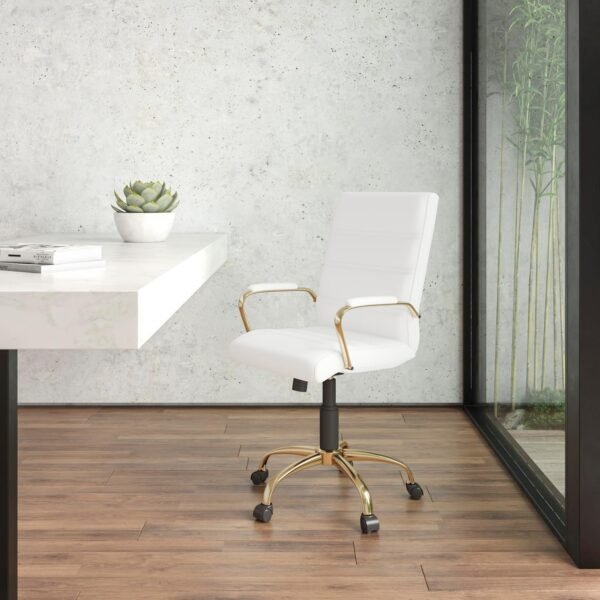 Flash Furniture Whitney Mid-Back Swivel LeatherSoft Desk Chair with Padded Seat and Armrests, Adjustable Height Padded Office Chair, White/Gold - Image 2