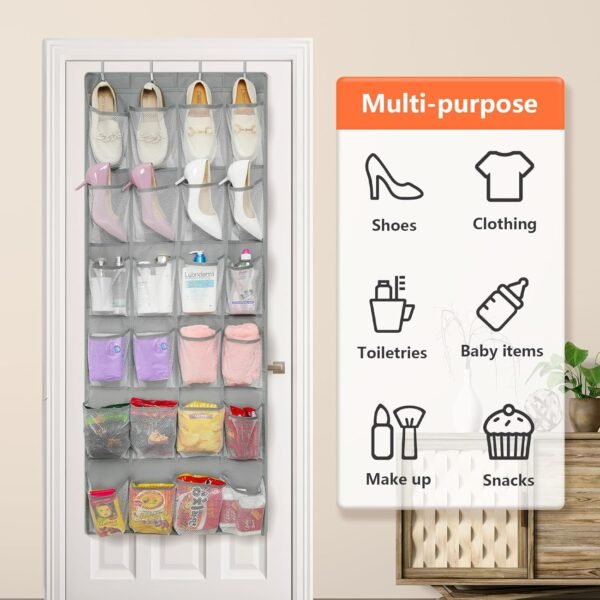 FENTEC 24 Pockets Over the Door Shoe Organizer Hanging Shoe Organizer for Closet, Space Saving Mesh Large Pocket Shoe Storage and Organizer, Shoe Holder for Apartments Garages, Grey 1 Pack - Image 3