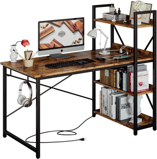 IRONCK Computer Desk 47" with Power Outlet and Storage Shelves, Study Writing Table with USB Ports Charging Station, PC Desk Workstation for Home Office, Rustic Brown