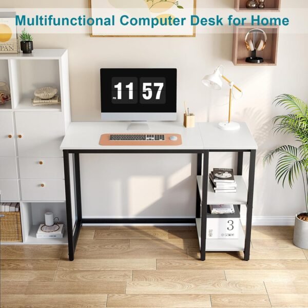 SINPAID Computer Desk 40 inches with 2-Tier Shelves Sturdy Home Office Desk with Large Storage Space Modern Gaming Desk Study Writing Laptop Table, White Desk - Image 5