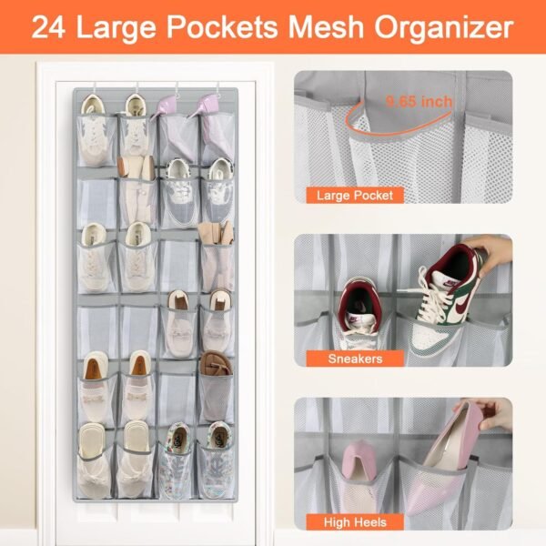 FENTEC 24 Pockets Over the Door Shoe Organizer Hanging Shoe Organizer for Closet, Space Saving Mesh Large Pocket Shoe Storage and Organizer, Shoe Holder for Apartments Garages, Grey 1 Pack - Image 2