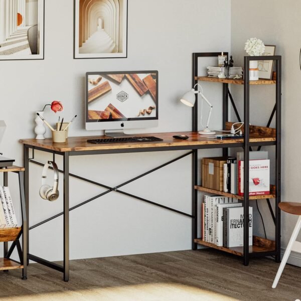 IRONCK Computer Desk 47" with Power Outlet and Storage Shelves, Study Writing Table with USB Ports Charging Station, PC Desk Workstation for Home Office, Rustic Brown - Image 2