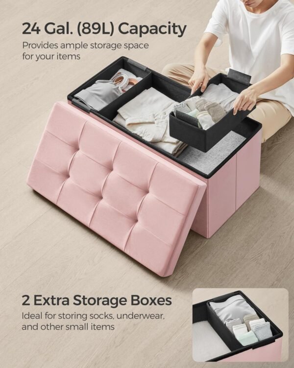 SONGMICS Storage Ottoman Bench, Foldable Ottoman Foot Rest, 15 x 30 x 15 Inches, End of Bed Bench, Storage Chest, Load up to 660 lb, for Living Room, Bedroom, Entryway, Jelly Pink ULSF247R01 - Image 5