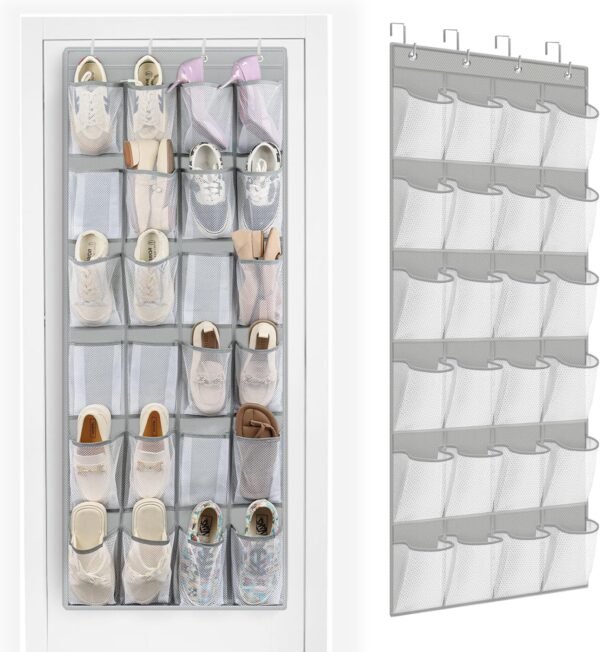 FENTEC 24 Pockets Over the Door Shoe Organizer Hanging Shoe Organizer for Closet, Space Saving Mesh Large Pocket Shoe Storage and Organizer, Shoe Holder for Apartments Garages, Grey 1 Pack