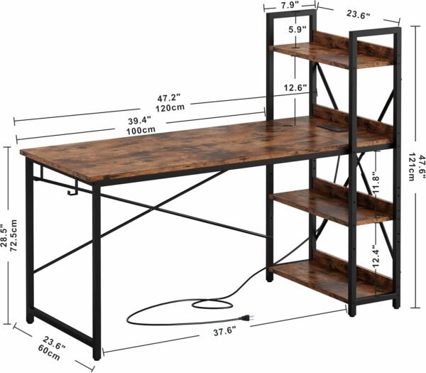 IRONCK Computer Desk 47" with Power Outlet and Storage Shelves, Study Writing Table with USB Ports Charging Station, PC Desk Workstation for Home Office, Rustic Brown - Image 6