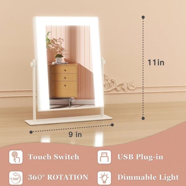 9"x11" Small Vanity Mirror with Lights, Lighted Makeup Mirror with Light, Portable Tabletop Cosmetic Make Up Mirror, Smart Touch Control, Dual Power Supply, 360°Rotation - Image 3