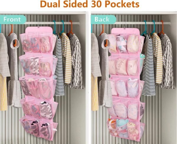 MISSLO 30 Large Pockets Dual Sided Hanging Shoe Organizer for Closet with Rotating Hanger Hanging Shoe Shelves, Pink - Image 2