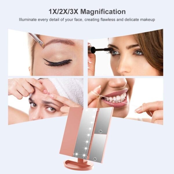 WEILY Makeup Mirror with 21 LED Lights,Two Power Supply, Touch Screen and 1x/2x/3x Magnification Tri-Fold Vanity Mirror for Makeup Desk(Rose Gold) - Image 3