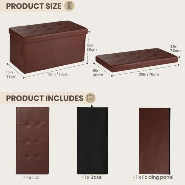 COSYLAND Ottoman Bench with Storage - 30x15x15in Folding Leather Ottoman, Rectangle Foot Stool Foldable Storage Chest Ottoman Footrest Footstool Collapsible with Lid for Bedroom Living Room Red Brown - Image 3
