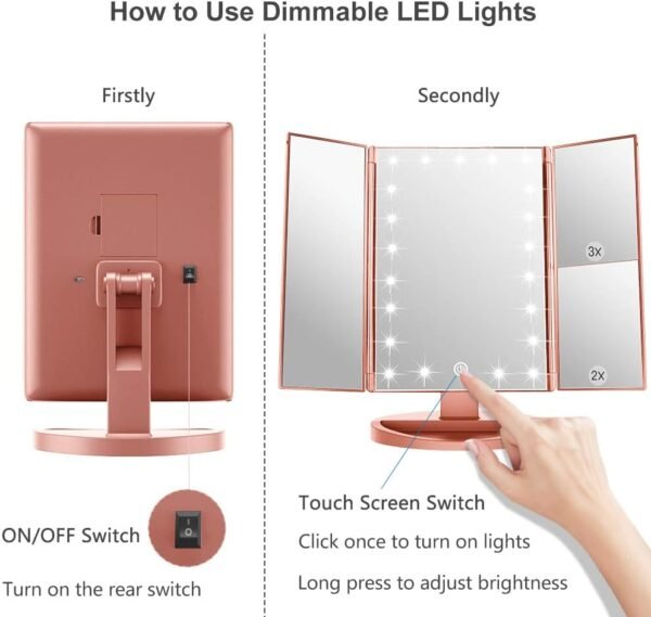 WEILY Makeup Mirror with 21 LED Lights,Two Power Supply, Touch Screen and 1x/2x/3x Magnification Tri-Fold Vanity Mirror for Makeup Desk(Rose Gold) - Image 5