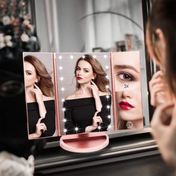 WEILY Makeup Mirror with 21 LED Lights,Two Power Supply, Touch Screen and 1x/2x/3x Magnification Tri-Fold Vanity Mirror for Makeup Desk(Rose Gold) - Image 2