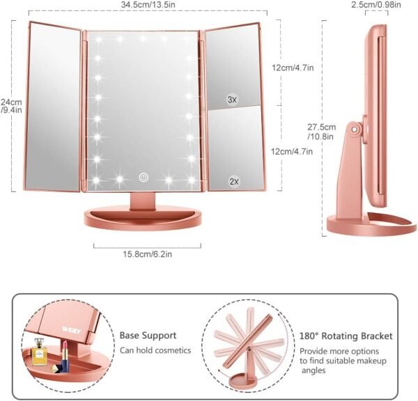 WEILY Makeup Mirror with 21 LED Lights,Two Power Supply, Touch Screen and 1x/2x/3x Magnification Tri-Fold Vanity Mirror for Makeup Desk(Rose Gold) - Image 4