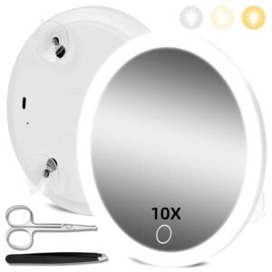 Magnifying Mirror with Light 10X, Makeup Magnifying Mirror with Suction Cups, 6” Magnifying Mirror with 3 Color Lights Dimming Makeup Mirror with 10x Magnification, Large 10x Travel Magnifying Mirror