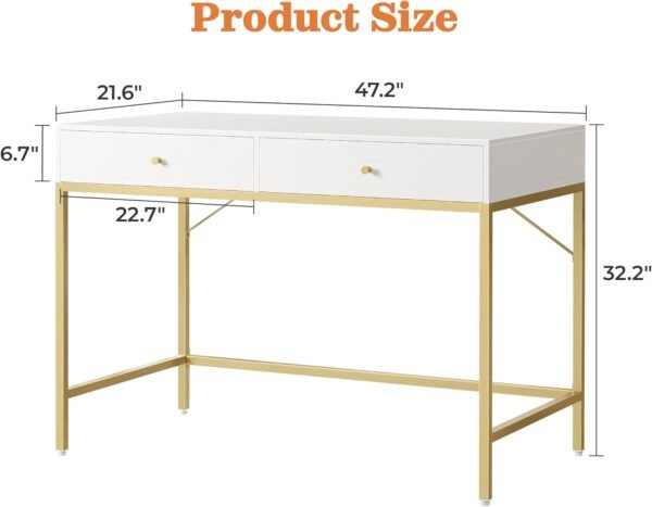 SUPERJARE Vanity Desk with Drawers, 47 inch Computer Desk, Modern Simple Home Office Desks, Makeup Dressing Table for Bedroom - White and Gold - Image 3
