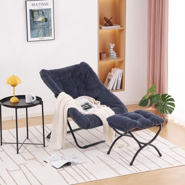 Welnow Comfy Saucer Chair with Ottoman, Oversized Folding Faux Fur Reading Chair Soft Furry Lounge Lazy Chair with Metal Frame Moon Chair Accent Chair for Bedroom, Living Room, Dorm Rooms, Navy - Image 4