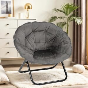 Folding Chair, Saucer Chair with Metal Frame, Comfy Moon Chairs for Bedroom, Living Rooms, Apartments, Camping, Lounging, Garden and Courtyard (Deep Grey)