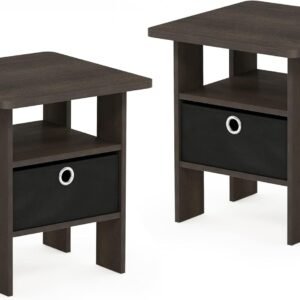 Furinno Andrey Set of 2 End Table / Side Table / Night Stand / Bedside Table with Bin Drawer, Dark Brown/Black