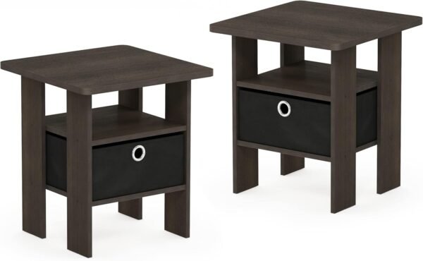 Furinno Andrey Set of 2 End Table / Side Table / Night Stand / Bedside Table with Bin Drawer, Dark Brown/Black