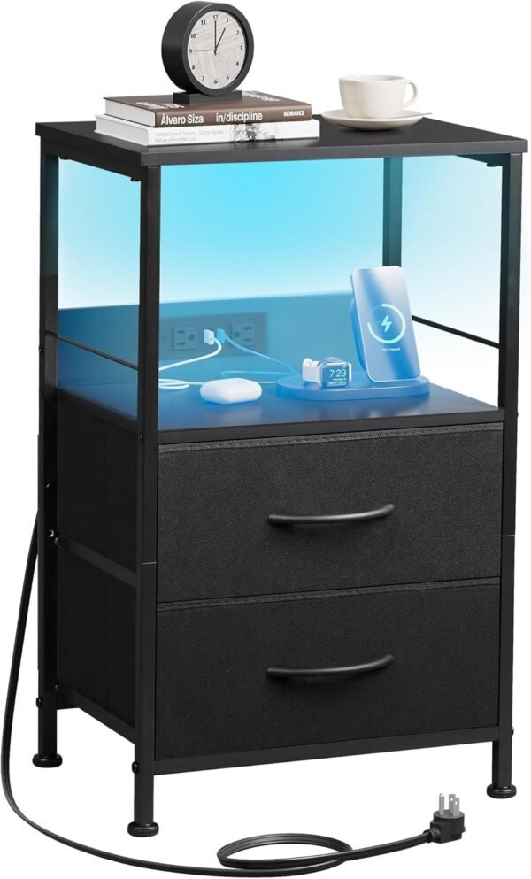 WLIVE Night Stand with Charger Station, Black Nightstand with 2 Fabric Drawers and Storage Shelf, LED Bedside Table, Bedroom Small End Tables with 3 USB Ports and 2 AC Outlets