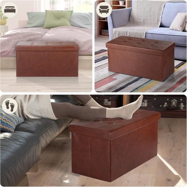 COSYLAND Ottoman Bench with Storage - 30x15x15in Folding Leather Ottoman, Rectangle Foot Stool Foldable Storage Chest Ottoman Footrest Footstool Collapsible with Lid for Bedroom Living Room Red Brown - Image 4