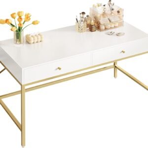 SUPERJARE Vanity Desk with Drawers, 47 inch Computer Desk, Modern Simple Home Office Desks, Makeup Dressing Table for Bedroom – White and Gold