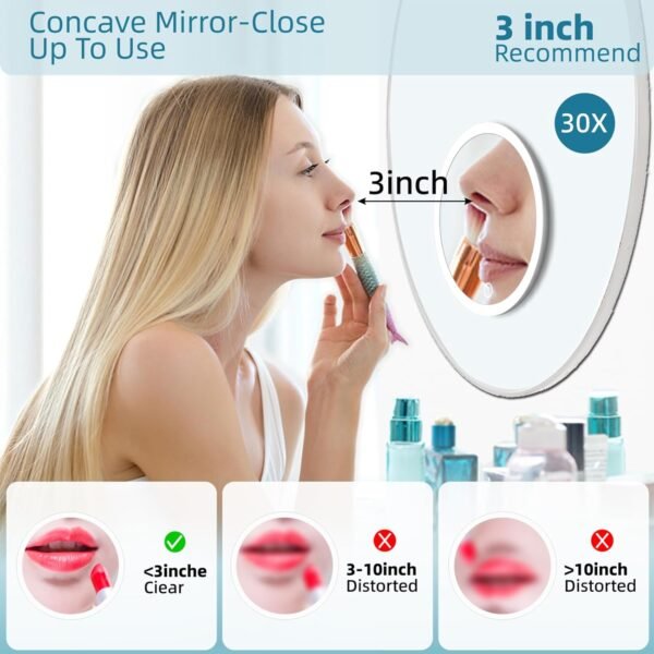 30X Magnifying Mirror with Lights, 6inch Travel Magnifying Mirror, Lighted Magnified Mirror with 3 Color Lights Dimmable Makeup 30X Magnification Mirror, Large 30X Magnifying Mirror with Suction Cups - Image 2