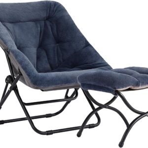 Welnow Comfy Saucer Chair with Ottoman, Oversized Folding Faux Fur Reading Chair Soft Furry Lounge Lazy Chair with Metal Frame Moon Chair Accent Chair for Bedroom, Living Room, Dorm Rooms, Navy