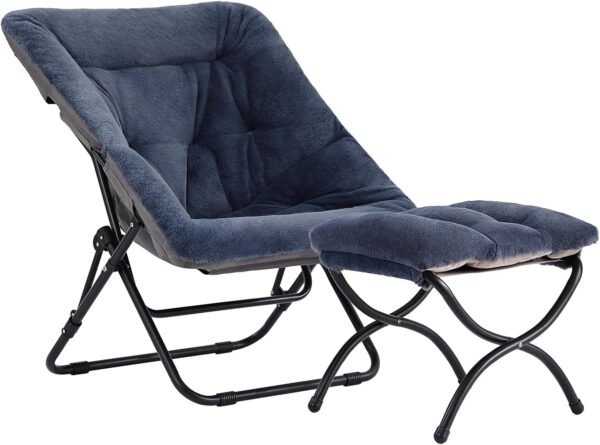Welnow Comfy Saucer Chair with Ottoman, Oversized Folding Faux Fur Reading Chair Soft Furry Lounge Lazy Chair with Metal Frame Moon Chair Accent Chair for Bedroom, Living Room, Dorm Rooms, Navy
