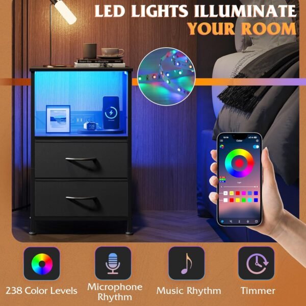 WLIVE Night Stand with Charger Station, Black Nightstand with 2 Fabric Drawers and Storage Shelf, LED Bedside Table, Bedroom Small End Tables with 3 USB Ports and 2 AC Outlets - Image 4