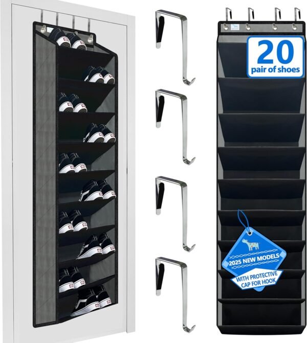 shoe organizer,70 Pounds Large Capacity,20-30-Pair over the door shoe organizer,10 Tiers shoe rack for closet,New upgrade Anti-scratch heavy duty hook and Bamboo material Baffle, Grey
