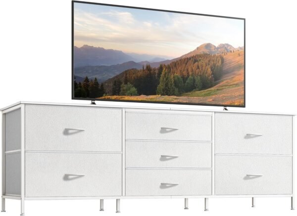 Huuger Dresser for Bedroom, 63 Inch Dresser TV Stand for 55, 65, 70 Inch TV, Long Dresser, Fabric Dresser, TV Stand with 7 Drawers, Storage Dresser for Closet, Clothing, White