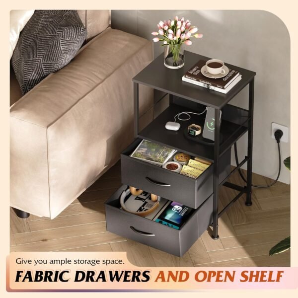 WLIVE Night Stand with Charger Station, Black Nightstand with 2 Fabric Drawers and Storage Shelf, LED Bedside Table, Bedroom Small End Tables with 3 USB Ports and 2 AC Outlets - Image 6