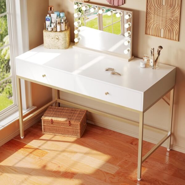 SUPERJARE Vanity Desk with Drawers, 47 inch Computer Desk, Modern Simple Home Office Desks, Makeup Dressing Table for Bedroom - White and Gold - Image 2