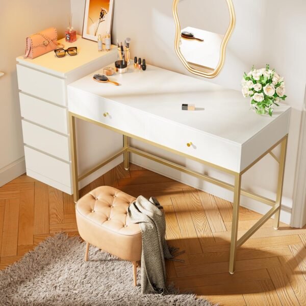 SUPERJARE Vanity Desk with Drawers, 47 inch Computer Desk, Modern Simple Home Office Desks, Makeup Dressing Table for Bedroom - White and Gold - Image 7