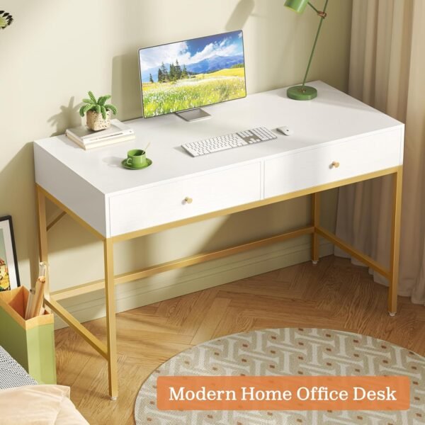 SUPERJARE Vanity Desk with Drawers, 47 inch Computer Desk, Modern Simple Home Office Desks, Makeup Dressing Table for Bedroom - White and Gold - Image 5