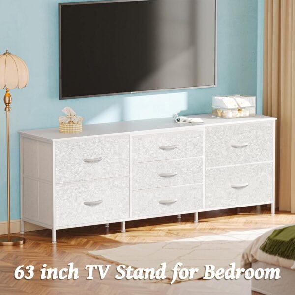 Huuger Dresser for Bedroom, 63 Inch Dresser TV Stand for 55, 65, 70 Inch TV, Long Dresser, Fabric Dresser, TV Stand with 7 Drawers, Storage Dresser for Closet, Clothing, White - Image 4