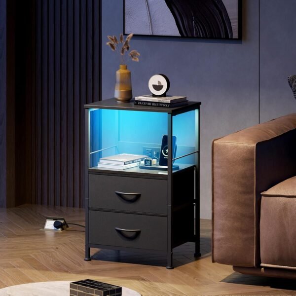 WLIVE Night Stand with Charger Station, Black Nightstand with 2 Fabric Drawers and Storage Shelf, LED Bedside Table, Bedroom Small End Tables with 3 USB Ports and 2 AC Outlets - Image 7