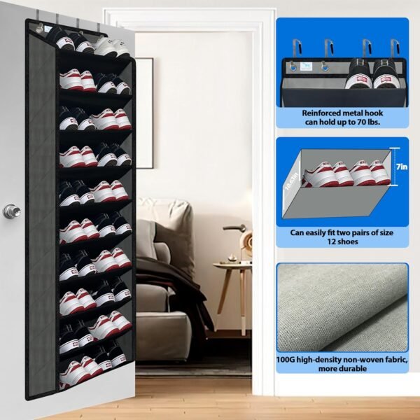 shoe organizer,70 Pounds Large Capacity,20-30-Pair over the door shoe organizer,10 Tiers shoe rack for closet,New upgrade Anti-scratch heavy duty hook and Bamboo material Baffle, Grey - Image 3