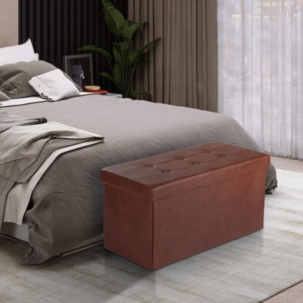 COSYLAND Ottoman Bench with Storage - 30x15x15in Folding Leather Ottoman, Rectangle Foot Stool Foldable Storage Chest Ottoman Footrest Footstool Collapsible with Lid for Bedroom Living Room Red Brown - Image 2