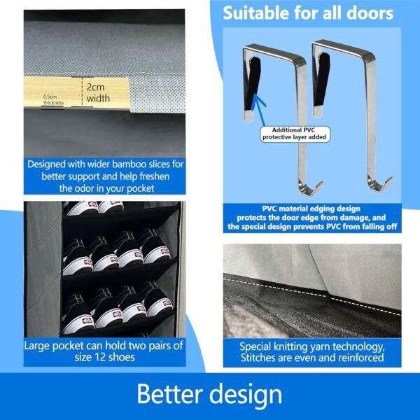 shoe organizer,70 Pounds Large Capacity,20-30-Pair over the door shoe organizer,10 Tiers shoe rack for closet,New upgrade Anti-scratch heavy duty hook and Bamboo material Baffle, Grey - Image 4