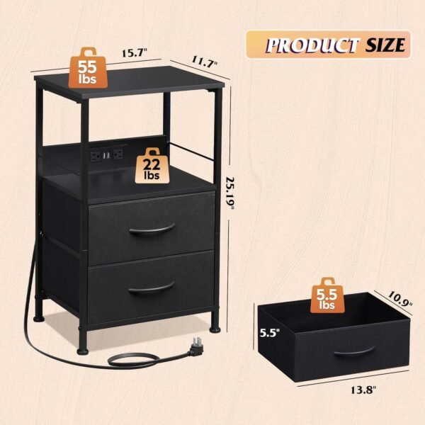 WLIVE Night Stand with Charger Station, Black Nightstand with 2 Fabric Drawers and Storage Shelf, LED Bedside Table, Bedroom Small End Tables with 3 USB Ports and 2 AC Outlets - Image 3