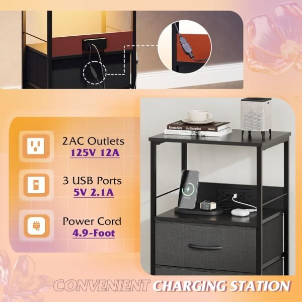 WLIVE Night Stand with Charger Station, Black Nightstand with 2 Fabric Drawers and Storage Shelf, LED Bedside Table, Bedroom Small End Tables with 3 USB Ports and 2 AC Outlets - Image 5