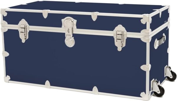 Rhino Trunk & Case Leather Embossed Vinyl XXL Trunk with Removable Wheels, College Chest, Home Storage, Student Footlocker, Strong Trunks, 1000+ Pounds Sitting Capacity 36"x18"x18" (Navy Blue)