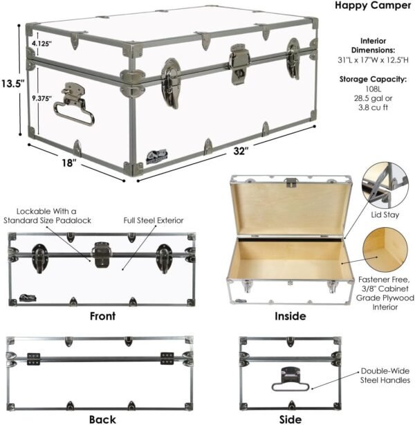 C&N Footlockers - Full-Size Happy Camper Trunk w/Wheels - #1 Summer Camp Trunk - Made in the USA - Steel Footlocker with Lid Stay - 32 x 18 x 13.5 Inches (Gold) - Image 2