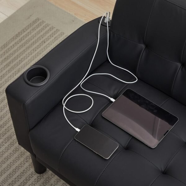TYBOATLE Sofa Couch 62" W Loveseat w/ 2 USB Charger Ports & 2 Cupholders, Mid-Century Modern Black Faux Leather Tufted Small Love Seat Couches for Office,Compact Living Room,Bedroom,Apartment,Dorm - Image 5