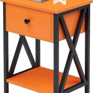 VECELO Nightstand,Modern Bedside End Table, Night Stand with Drawer and Storage Shelf for Living Room Bedroom, Industrial Metal Frame