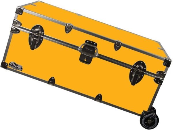 C&N Footlockers - Full-Size Happy Camper Trunk w/Wheels - #1 Summer Camp Trunk - Made in the USA - Steel Footlocker with Lid Stay - 32 x 18 x 13.5 Inches (Gold)